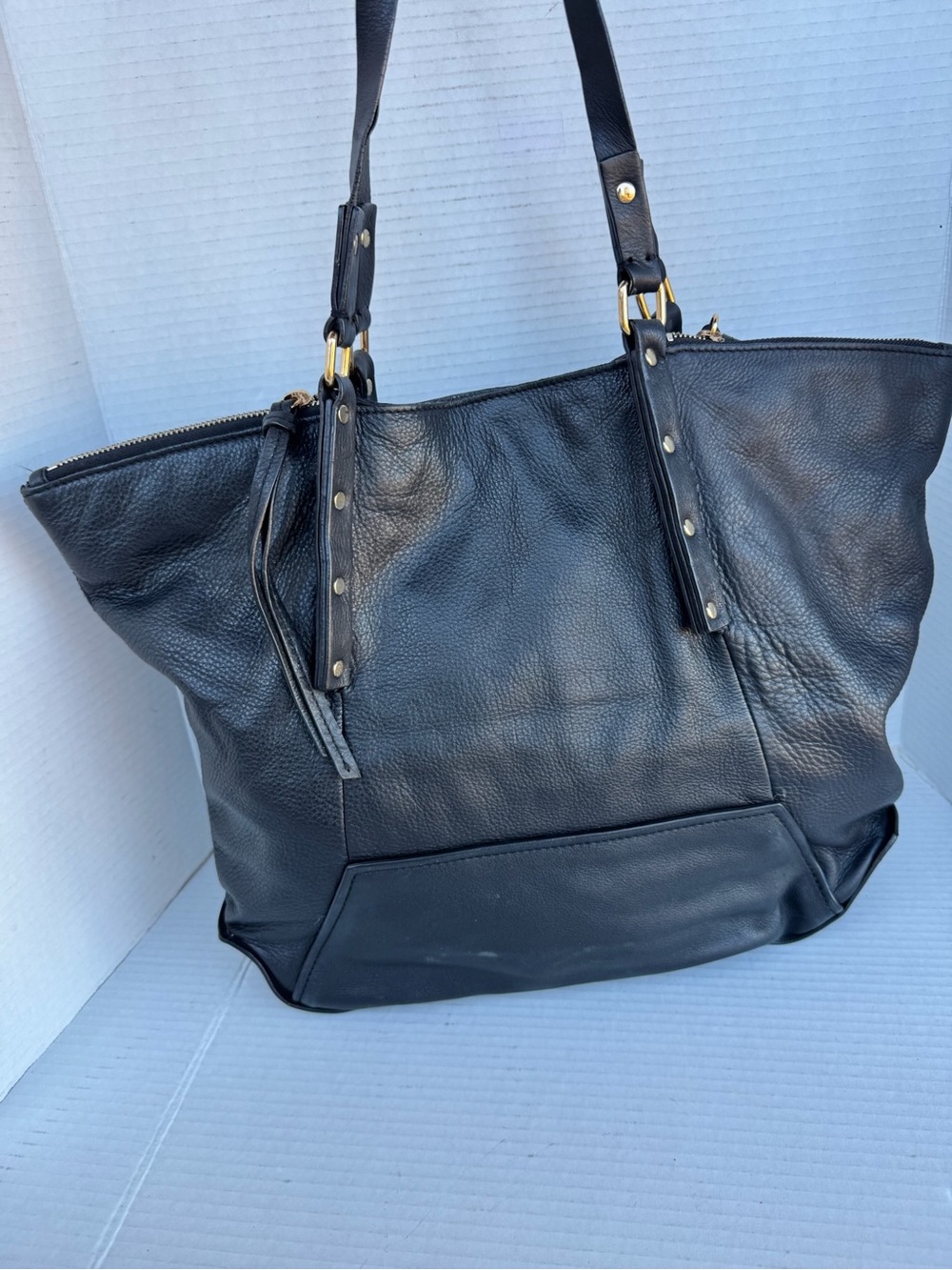 Kooba Black Pebbled Leather Tote — Gold Hardware, Purple Striped Lining